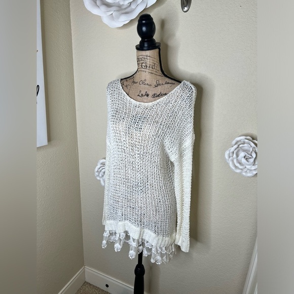 NTM: Entro Open Weave Knit Crochet Layered Lace Cream Tunic Sweater Sz M - Picture 5 of 16